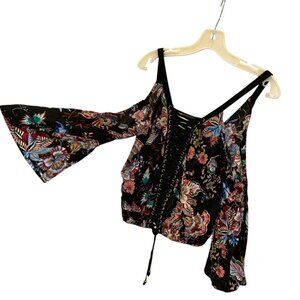 Gianni VERSACE  black floral print lace up front top S